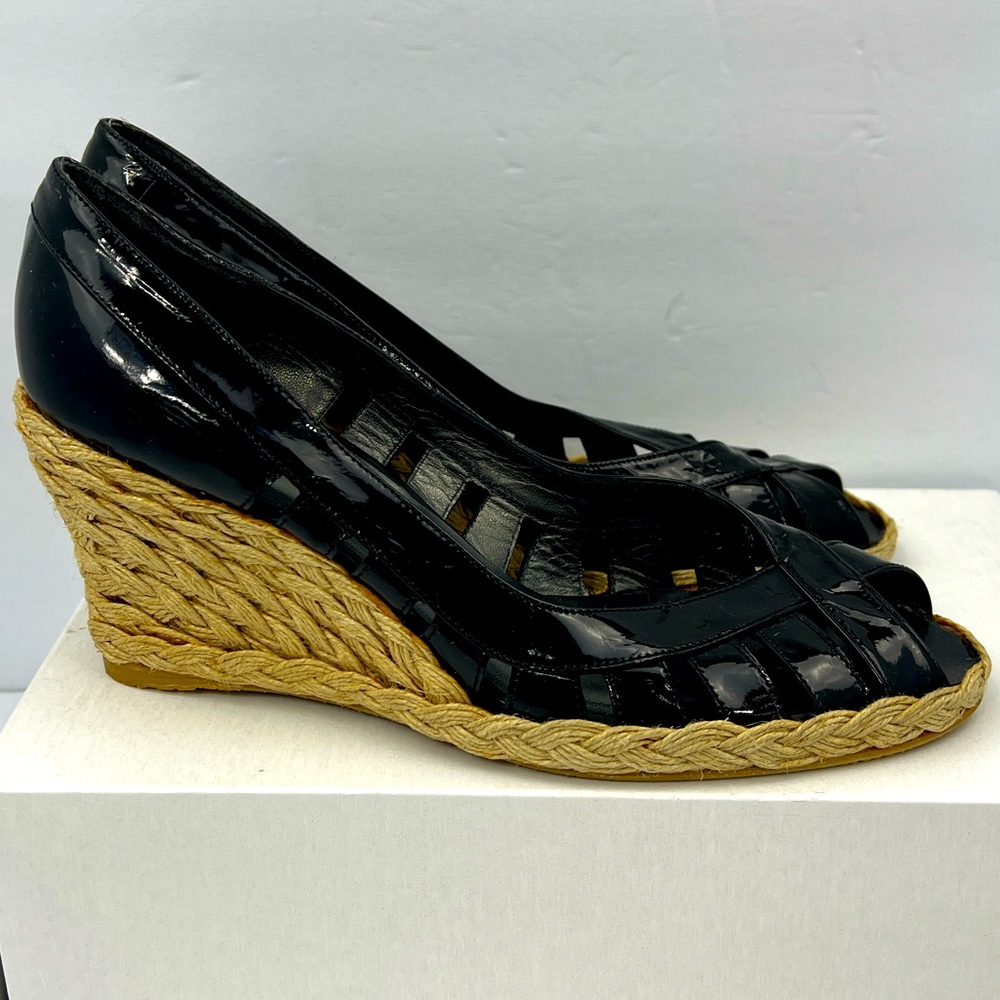 STUART WEITZMAN PATENT, TOE WEDGE, ESPADRILLES, BLACK, SIZE 9M, WOMEN’S SHOES - Picture 5 of 16